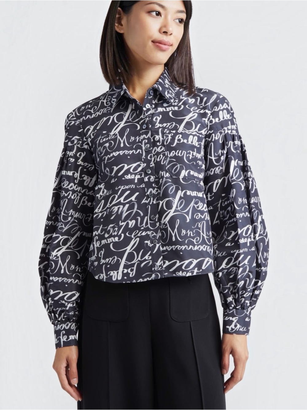 Cinq à Sept Marceline Love Journal Print Long Sleeve Button-Up Black Shirt Small